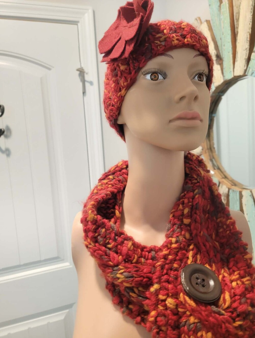 Fossil Fall Color Crochet Knit Hat w/Felt Flower Accent & Scarf w/Button Detail